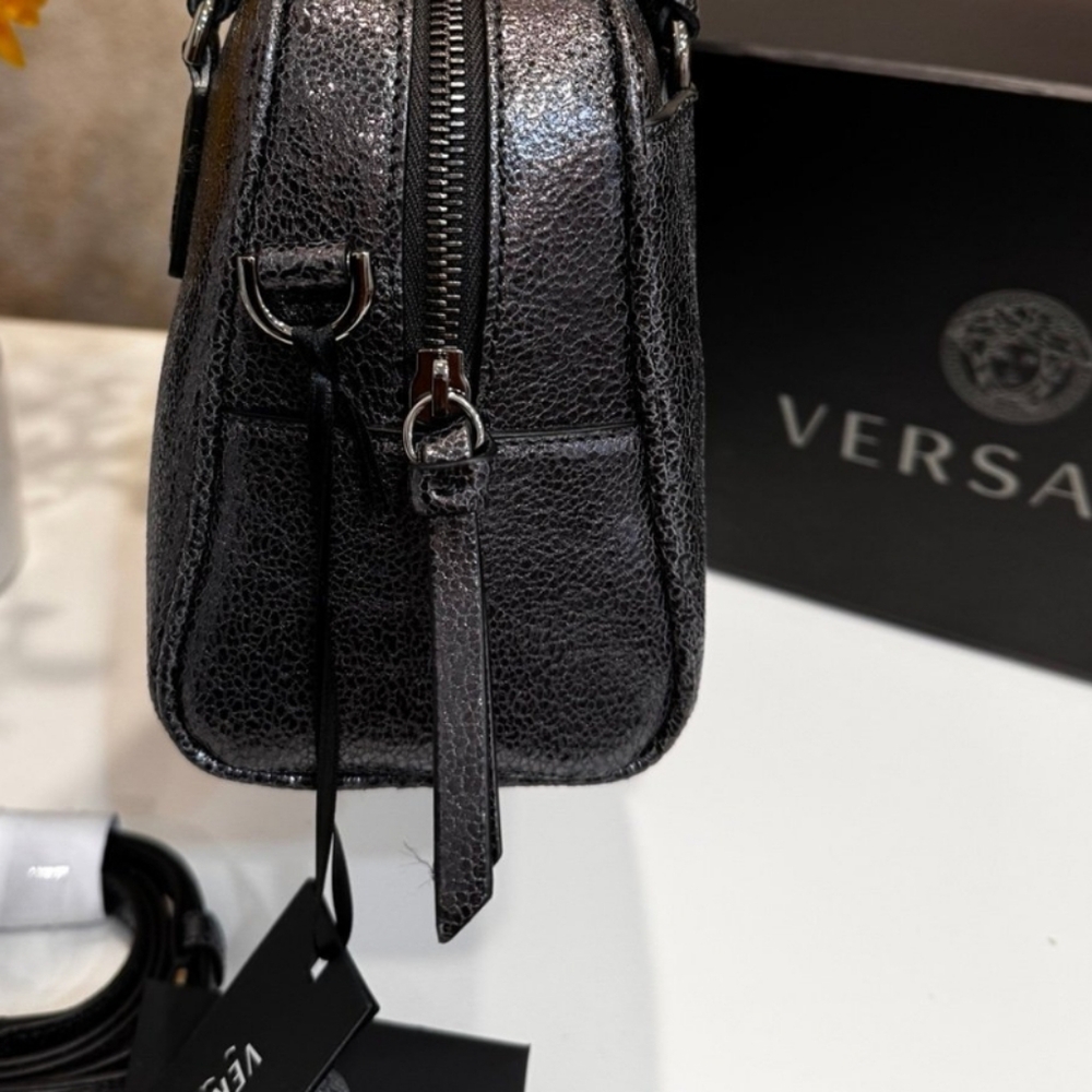 Versace Metallic Black Calf Leather 2-way Handbag with Crossbody Original Strap💜 - Picture 7 of 10